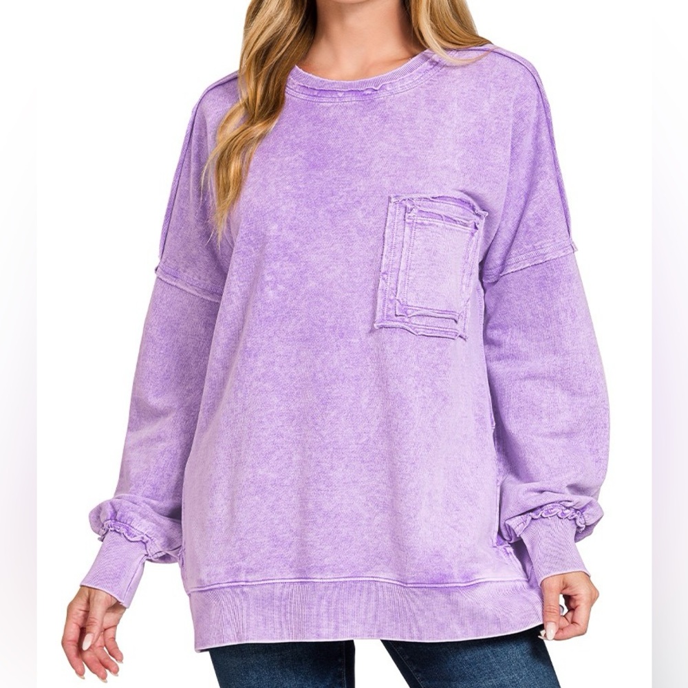 NWT Zenana Violet Purple Acid Wash French Terry Oversized Crewneck Sweatshirt